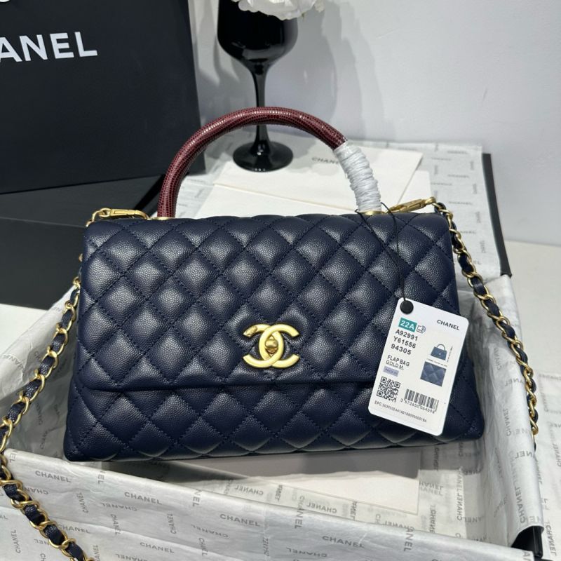 Chanel Medium Coco Handle Bag-Navy with Burgundy Lizard handle