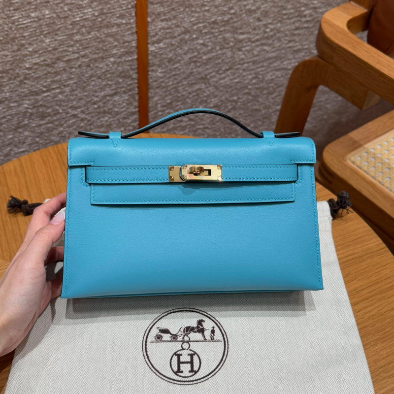 Hermes Kelly Pochette in Swift Leather-Blue de nord